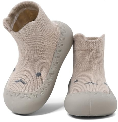 LACOFIA Baby pojkar flickor första promenadskor spädbarn småbarn socka toffel med halkfri gummisula, BB-Khaki, 12-18 månader