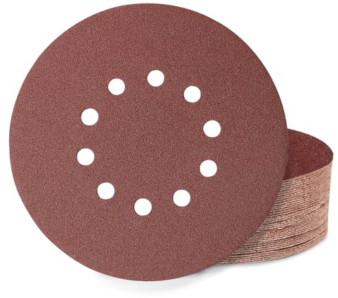 Huopueit 40 Piezas Discos de Lija 225 mm 10 Agujeros Grano 80 Papel de Lija Redondas para Lijadora de Cuello Largo Lijadora de Paredes y Techos