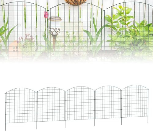 UISEBRT Teichzaun Gartenzaun Metall Dekorative Steckzaun für Hunde - Gitterzäune Komplettset mit 5 Zaunelemente & 6 Befestigungsstäben Freigehege Begrenzung - 78x78cm Oberbogen
