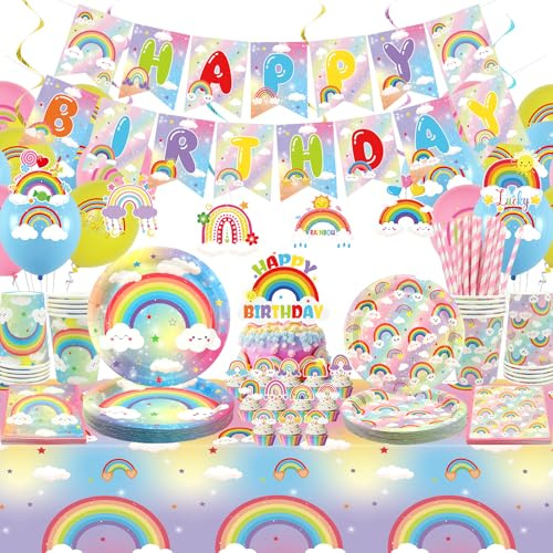 Obussgar Décorations de fête d'anniversaire arc-en-ciel – Accessoires de fête arc-en-ciel comprenant bannière, assiette, décoration de gâteau, tasse, serviette, ballon, nappe – Pour 20 personnes (LQ)