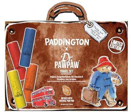 Dr.PAWPAW x Paddington Lot de 4 baumes à lèvres de voyage avec bâton de baume original, marmelade d'orange, confiture de fraises et chocolat chaud, maquillage hydratant, nourrissant et naturel, soin