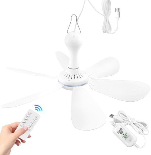 Piccolo ventilatore da soffitto alimentato tramite USB, 6 pale, silenzioso, DC 5 V, ventilatore USB da appendere per interni ed esterni, camper, camera da letto, dormitorio, scrivania, viaggi, tenda