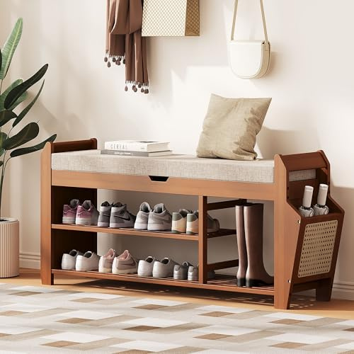 PETKABOO 39.4 Bamboo Shoe Rack Bench, 3-Tier Entryway Bench with Thick Cushion, Flip-Top & Side Storage, Holds Up to 550 LBS for Hallway, Living Room, Bedroom
