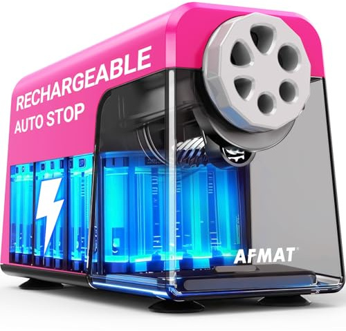 AFMAT Elektrischer Anspitzer 6 Löcher mit Behälter, Auto-Stop&Save Bleistifte, Wiederaufladbar Robust Elektrischer Spitzer für 6–11 mm Nr. 2/Groß/Buntstifte, 10.000 Spitzvorgänge,Rosa PSD1