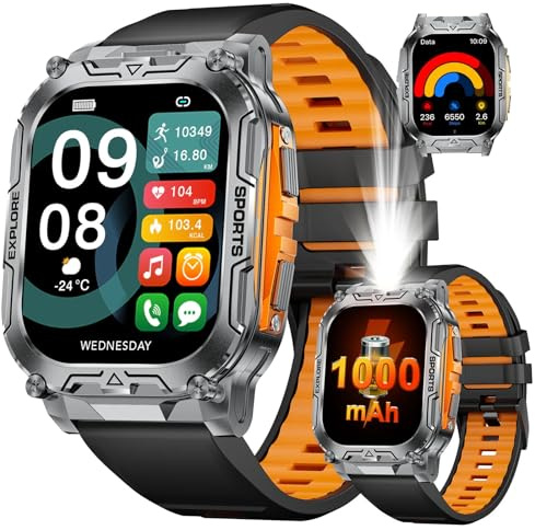 SUNKTA Militär Smartwatch Herren mit 1000mAh Großer Akku/2.01'' HD-Großes Display Sportuhr/Telefonfunktion/IP68 Wasserdicht Fitnessuhr,24/7 Herzfrequenz/Schlafmonitor/SpO2 für Android/iOS 2 Armbänders
