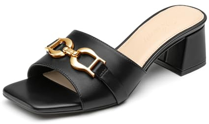 Athlefit Women's Heeled Sandals Black Chunky Heel Mules Square Peep Toe Low Block Heels Slip On Comfortable Summer Dressy Shoes Size 9