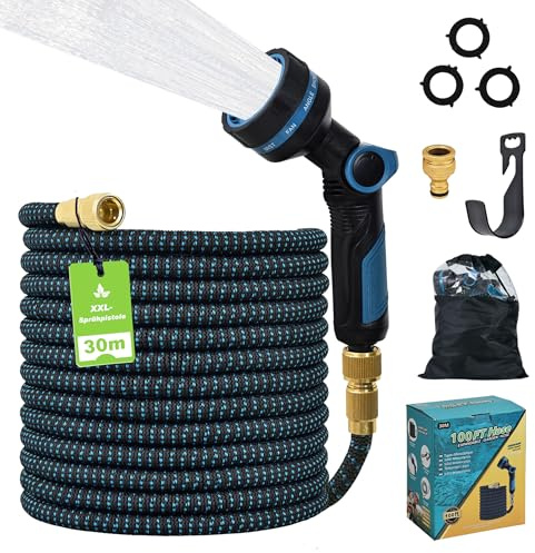 Gartenschlauch 30m Flexibel, flexibler Wasserschlauch 30m dehnbar automatisch einziehbar, Gartenschlauch Set mit 10-Funktionen-Sprühkopf, 1/2 Zoll & 3/4 Zoll Metallanschluss, für Garten Auto Terrasse