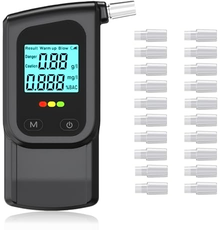 RUTIDA Breathalyzer Alcohol Tester with 20 Mouthpieces, Professional Breathalysers Portable Alcohol Breath Tester with Dual Sensor and Digital Blue LCD Display