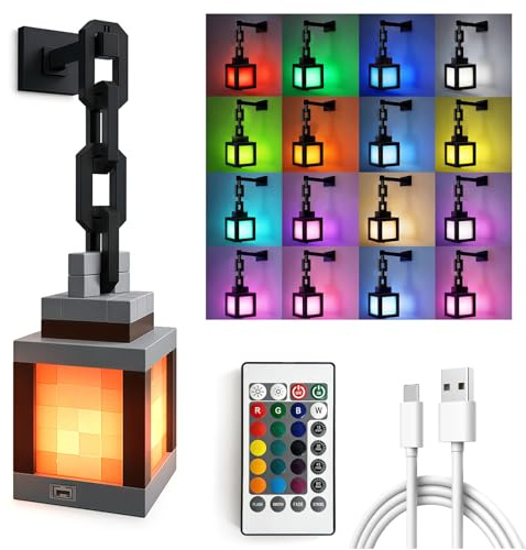 RoserRose Linterna Pixelada Luz Nocturna con Control Remoto, Antorcha de Pared Luz Nocturna, 16 Colores con Control Remoto y Función de Atenuación para Dormitorio, Camping y Regalo de Jugador