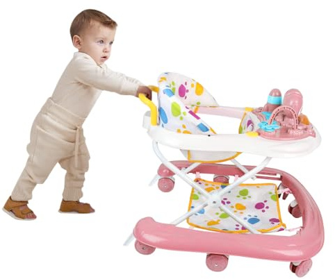 5-in-1 Lauflernhilfe für Babys, mit verstellbaren Höhen, Gehfrei Babywalker ab 6 Monate, bis zu 25 kg mit abnehmbarem Musik-Aktivitätstablett, 62 x 68 x 36–81 cm – Rosa
