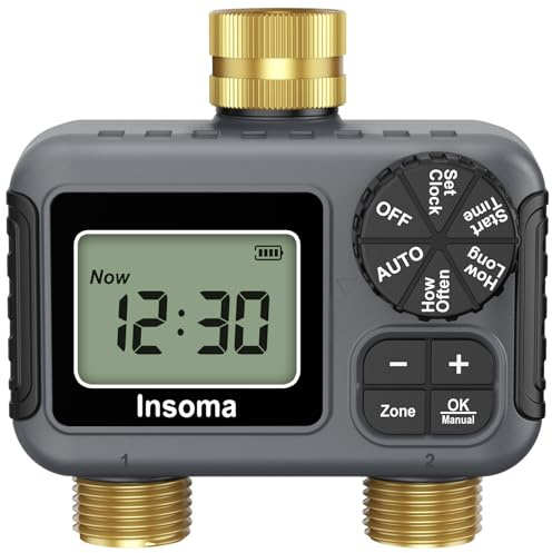 Insoma 2 Outlets Sprinkler Timer with Brass Inlet & Outlet, Water Timer for Garden Hose with Auto/Manual Modes + Rain Delay, Hose Timers for Garden, Yard Lawn, IPX5 Waterproof & Save Water