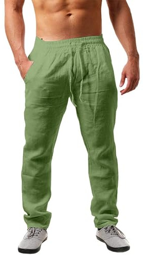 NEMXCE - Pantaloni lunghi in lino da uomo, leggeri, con vestibilità ampia, per il tempo libero, con tasche, coulisse, ideali per le vacanze, la spiaggia, lo yoga e l'uso quotidiano, verde, XL
