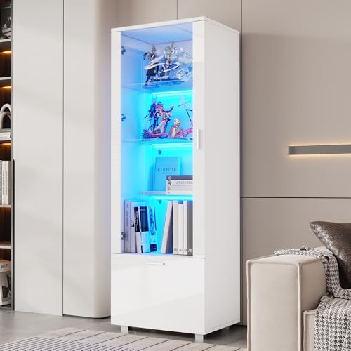 Merax Vitrinenschrank mit LED Beleuchtung, Glasvitrine mit 3 Fachböden, Schublade, Hochglanzvitrinen für Sammlerstücke, Bücherschrank mit Glastüren, für Wohnzimmer, Schlafzimmer, 50x40x160cm, Weiß