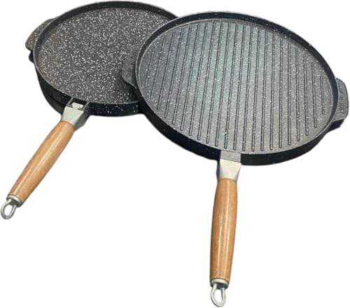fashion home Pagano Padella Doppia Piastra Bistecchiera Pietra Antiaderente, Lato Grill e Liscio, Manico Removibile, Diametro 36 cm, Rivestimento Antiaderente