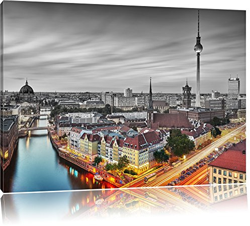 Pixxprint Berlin City Panorama, Größe: 60x40cm, Leinwandbild, fertig gespannt, Wandbild, Dekoration, Kunstdruck, kein Poster