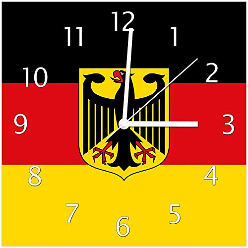 Wallario Design-Wanduhr Deutsche Flagge mit Wappen aus Glas, Motiv-Uhr Größe 30 x 30 cm, weiße Zeiger