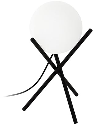 EGLO Tischlampe Castellato, Tischleuchte Nachttischlampe | aus Metall in Schwarz und Glas in Weiß, Wohnzimmerlampe, Lampe mit Schalter, E14 Fassung