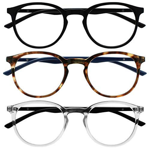 OPULIZE MET Blaulichtfilter Lesebrille für Damen Herren - 3er-Pack - Runder Brille - Blendfreie UV400-Schutz - Federscharniere - Anti-Müdigkeit - Schwarz Braun Schildpatt Klar +2.50