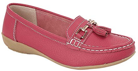Jo & Joe Nautical Ladies Leather Loafer Shoes, Tassel Flat, Women's Size 7.5-8, Flexible Rubber Grip Sole, Round Toe, Pull-On, 1 inches Heel, Cold Lining, Solid, Low Top, Comfort Wear, Party
