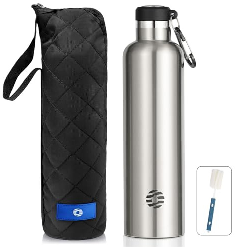 FEIJIAN Trinkflasche Edelstahl 750ml mit Karabiner - auslaufsicher Thermosflasche für Kohlensäure Kaffee Tee, BPA-Frei Sport Outdoor Wasserflasche für Sprudel/Uni/Schule/Camping/Fahhrad
