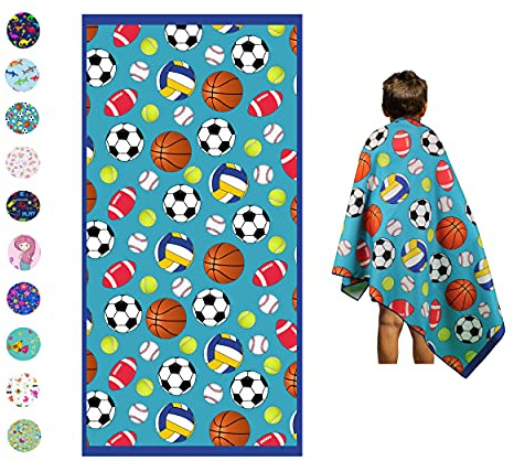 Microfiber Beach Towel for Kids - Thin and Large (30x60) - Sports Balls - Absorbent, quick dry, sand free, lightweight, blanket - toddler, girls, boys - For Pool, Picnic, Camping, Travel, Swim