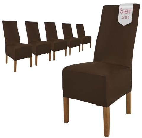 Scheffler Home Stuhlhussen 6er Set in Braun Stretch Lena | Elastische Stuhlbezüge, waschbar, bügelfrei und pflegeleicht, für Polsterstühle und Esszimmerstühle