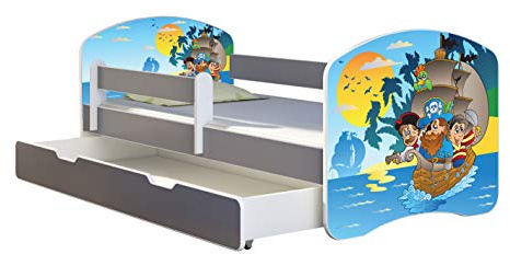 ACMA Kinderbett Jugendbett mit Einer Schublade und Matratze Grau mit Rausfallschutz Lattenrost II (21 Piraten, 180x80 + Bettkasten)