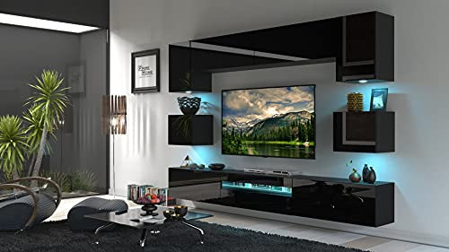 Furnitech Wohnwand Wohnzimmer - Hängend Wohnwand Modern - Wohnzimmer Schrankwand mit Regale und TV Schrank - Wohnzimmer Möbel ohne LED (Besta GAN1-17B-HG20 1B)