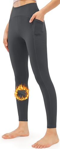 JOYSPELS Womens Fleece Lined Thermal Leggings with Pockets High Waisted Winter Warm Yoga Pants Gym Workout Fitness Running Thick Spandex Pants Grey L