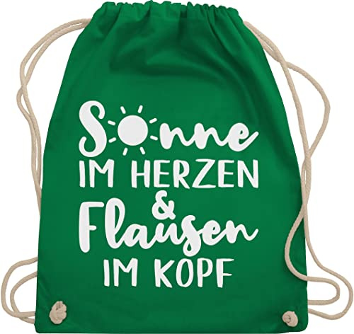 Turnbeutel Rucksack - Sprüche Statement mit Spruch - Sonne im Herzen und Flausen im Kopf - Unisize - Grün - beutel+rucksack+mit+sprüchen sprueche beutel sprüchen spruechen stoffrucksack bedruckt