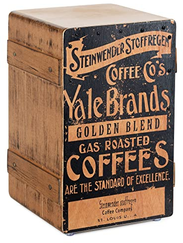 XDrum Design Series Cajon “Coffee” - Designer-Cajon mit Vintage-Aufdruck - Integrierter Bass Port - Korpus aus HPL in Bananenkisten-Optik - Fest installierter Snare-Teppich