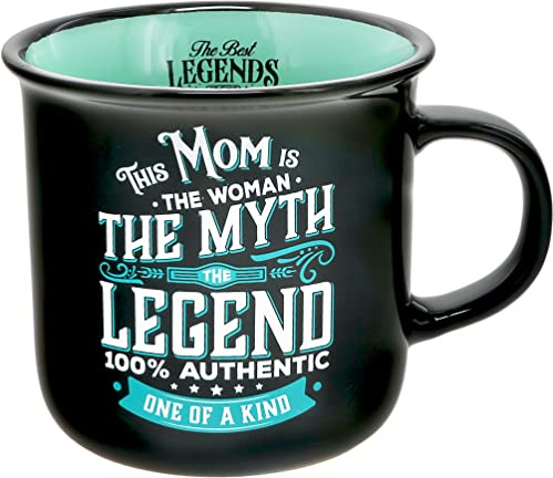 Pavilion Gift Company - Mom The Legend - Ceramic 13-ounce Campfire Mug, Double Sided Coffee Cup, Mothers Day Gift, 1 Count - Pack of 1, 3.75 x 5 x 3.5-Inches, Black/Teal