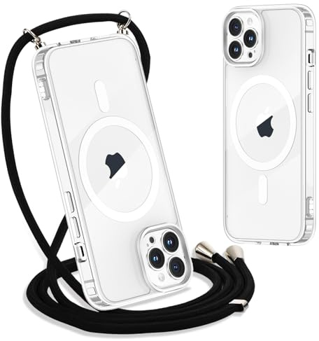 Yoedge Handykette für iPhone 12 Pro Max Hülle mit Band 6,7, Transparente Magnetisch Handyhülle [Kompatibel mit Magsafe], Schlank Dünn Silikon TPU Stoßfest Schutzhülle mit Kordel zum Umhängen, Schwarz