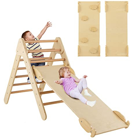 COSTWAY 3 en 1 Triangle d'escalade Montessori Enfant avec Rampe, Echelle d'escalade en Bois Moderne avec Inclinaison Réglable, Charge 50kg pour Maison Garderie pour Tout-Petits de 1 an+…