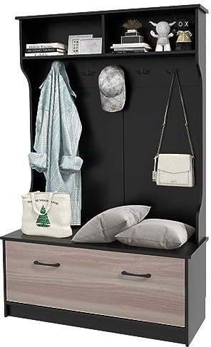 HOMASIS Garderobe mit Schuhablage, Garderobenständer mit offenen Fächern, Sitzbank & 5 Doppelhaken, Flurstehgarderobe für Eingangsbereich, Schlafzimmer, Wohnzimmer, 100 x 40 x 160 cm (Schwarz)