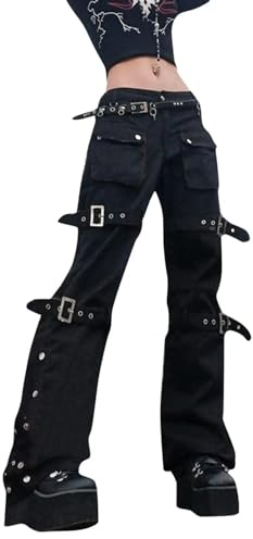 Gothic Punk Style Jeans Negros Mujer Streetwear Metal Hebilla Dobladillo Ranura Pantalones de Golpe para Mujeres Y2K Vintage Pantalones Rectos Golpes-Negro-L