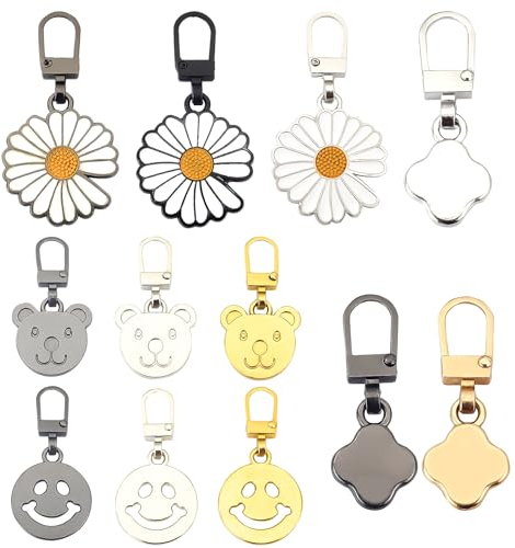 Reißverschluss Zipper Ersatz, 12 Stück Reissverschluss Zipper Reisverschlußzipper Universal Reißverschlussanhänger Metall Reißverschluss Schieber Abnehmbarer(Gänseblümchen, Bär 3 Farben)