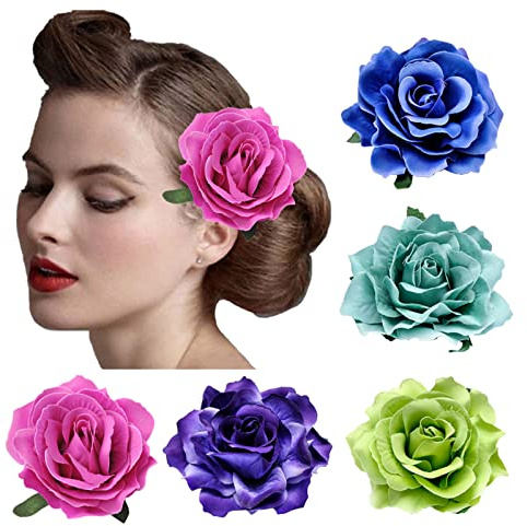 DRESHOW 5 Pièces Fleur Broche Tête Ornement Mariée Femmes Rose Fleur Accessoires De Cheveux Pince À Cheveux De Mariage Danseuse De Flamenco