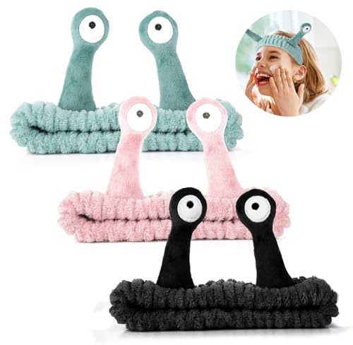 3 Stück Schnecken Gesicht Waschkopfband Spa für Damen Mädchen Korallen Fleece Make-up Hautpflege Stirnbänder Niedlich Elastisches Stirnband Haarband Haarschmuck (Schwarz, Grün, Rosa)