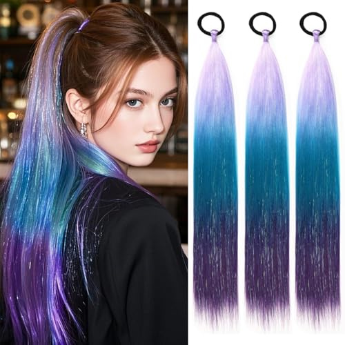 PORSMEER 3 Stück Lang Hellviolett/Blau/Dunkellila Haar Lametta zopf extension mädchen,60 cm Glattes Pferdeschwanz Haarteil Synthetik Haarverlängerung Zopf