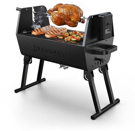 BRANDMAN GRILLS SINCE 1987 Rotisserie Grill Charcoal BBQ Grill 2-in-1 Portable Foldable Outdoor Grill 257 sq.in. Charcoal Spit Rotisserie Grill for Whole Chicken Steaks Burger Camping Picnic Gathering