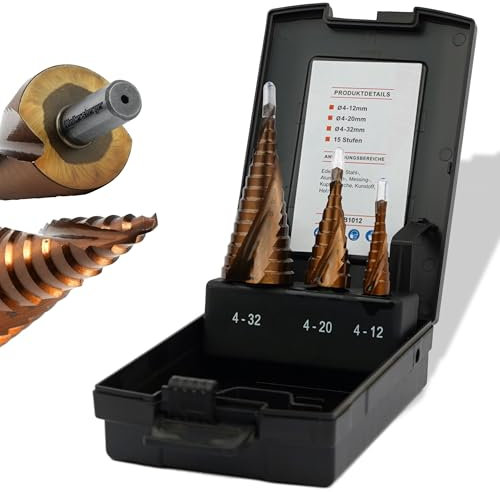 Woltersberger® Set di 3 punte a gradini HSS Powerline Spiral, punte coniche Ø 4 – 32 mm, 4 – 20 mm, 4 – 12 mm, per fori puliti, per pelapatate in metallo, alluminio e acciaio inox