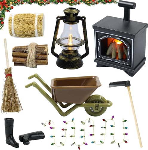Accessoires de lutin de Noël, accessoires de maison de lutin miniature avec cheminée lumineuse, lampe à pétrole, botte de foin, houe, bottes en caoutchouc, brouette, balai, bois de chauffage, cadeau