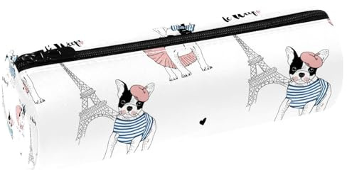 VAPOKF Trousse à crayons en cuir avec motif bouledogue français Paris Tour Eiffel pour ranger des stylos, des pièces de monnaie, des cosmétiques, des cosmétiques, des fournitures de bureau, des