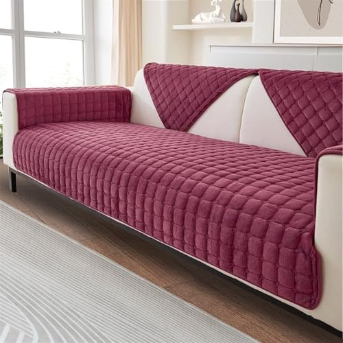 LINGKY Sofa Überzug, Weiche Flanell Sofa Sitzkissenbezug, Sofaschoner rutschfest, Sofabezug 1 2 3 Sitzer Couch überzug für Sektionssofa, Sofaüberwürf L Form Sofaschutz (Weinrot,90x160cm)