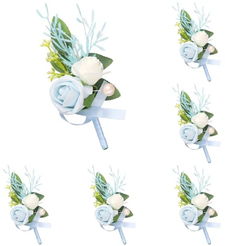 QUARKZMAN 6 Stück Hellblaue Anstecksträuße für Männer, Künstliche Blumenstecker Taschenanstecker mit Anstecknadeln für Hochzeit Braut Bräutigam Zeremonie Jubiläum Formelle Party