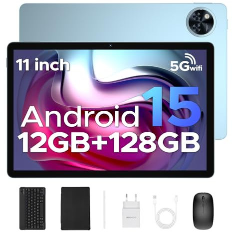 DOOGEE U11 Android 15 Tablet with Keyboard, 16GB RAM 128GB ROM(TF 2TB), 8580mAh Battery, Octa-Core Android Tablets 11 Inch, Widevine L1, 3.5mm Jack, 5G WiFi Tablet with Pen, Mouse & Case - Blue