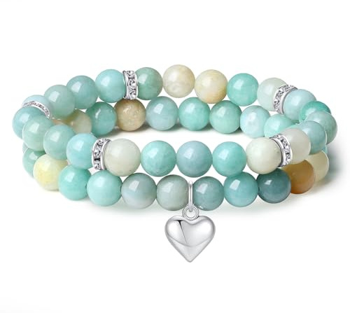 AWARDSEN 2 Stück Herz Edelstein Armband Damen Geschenk für Frauen | AWARDSEN Kristall 8mm Edelstein Schmuck, Heilsteine Armband, Partnerarmbänder