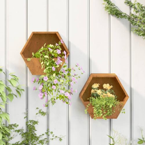 Rasen und Garten, Gartenarbeit, Töpfe und Pflanzgefäße, Wandpflanzgefäße, 2 Stück, rostiger Cortenstahl, 30 x 10 x 25 cm