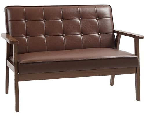 HOMCOM Sillón de 2 Plazas Sofá de 2 Plazas Tapizado en PU con Reposabrazos de Madera Respaldo Acolchado Carga 250 kg Sillón para Salón Dormitorio Marrón